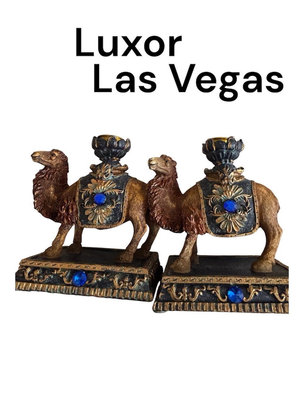 Luxor Camel Candle Holders in Gold and Blue Set Of 2